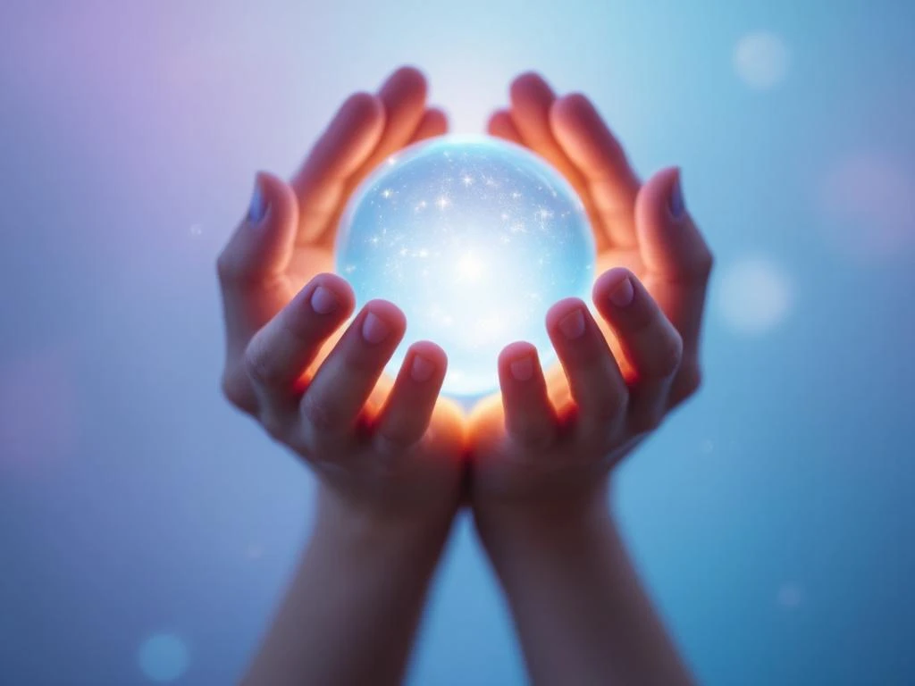 Handen houden gloeiende blauwe lichtbol vast tegen zachte gradiënt achtergrond, symboliseert innerlijke rust en ademhaling.