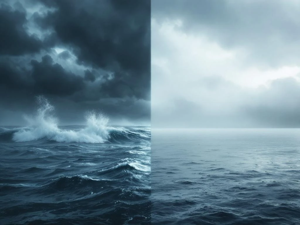 Gesplitst beeld van stormachtige oceaan en stil meer dat angst en depressie weergeeft door natuurlijke metaforen