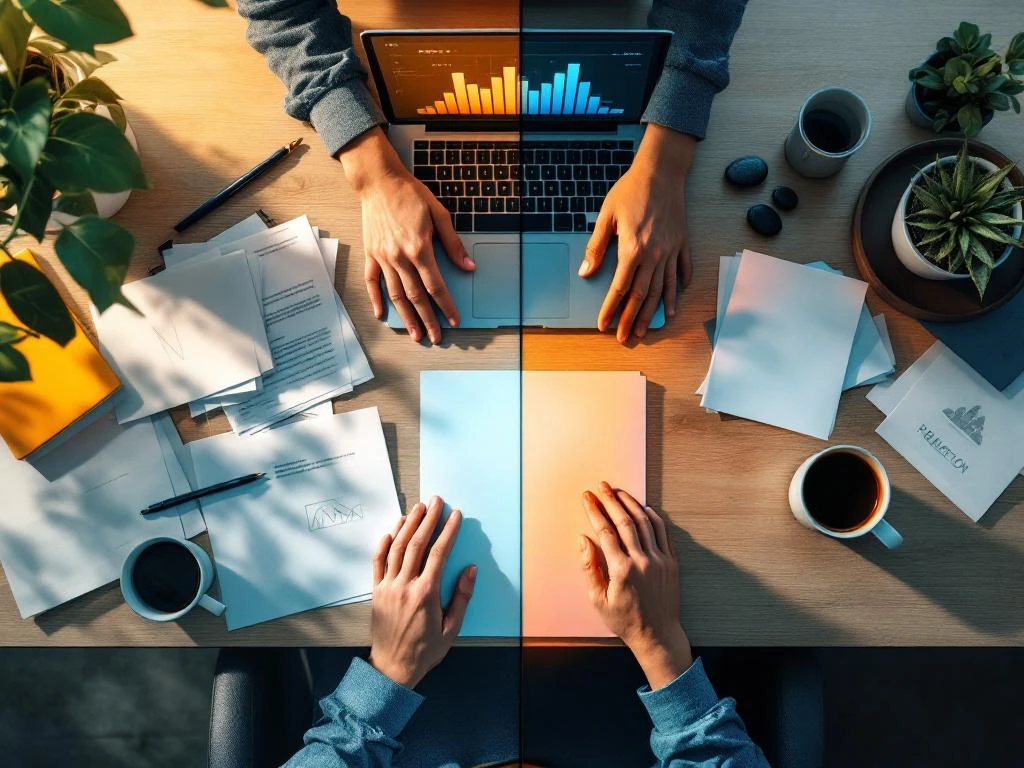 Overhead view van bureau met laptop, papieren en handen die werkdocumenten wegduwen naar meditatiestenen en plant