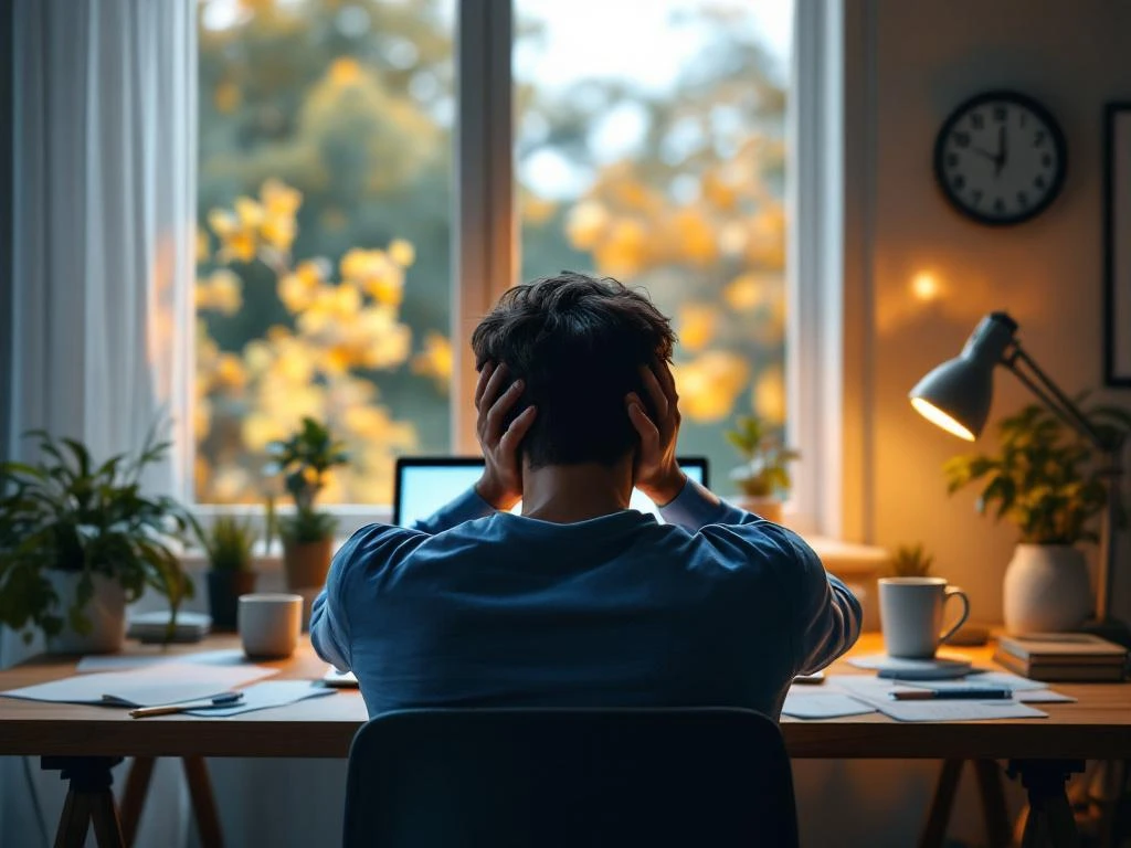 Persoon met hoofd in handen zit uitgeput aan bureau met laptop, papieren en lege koffiemok, symboliseert burnout