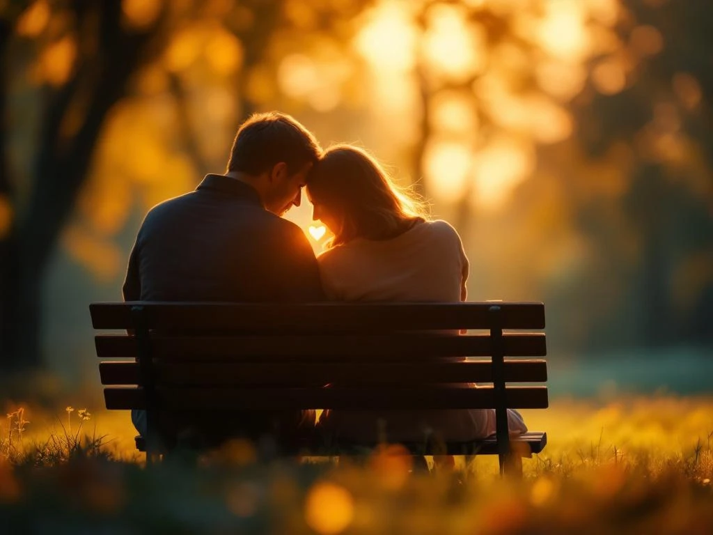 Twee silhouetten op parkbank in ondersteunend gebaar, handen bieden gloeiend hart aan in warm gouden licht