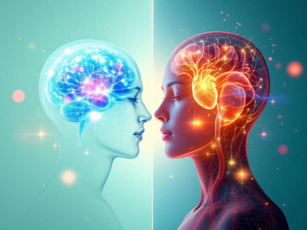 Transparant menselijk silhouet toont gloeiende hersenen en organen, benadrukt verbinding tussen mentale en fysieke gezondheid