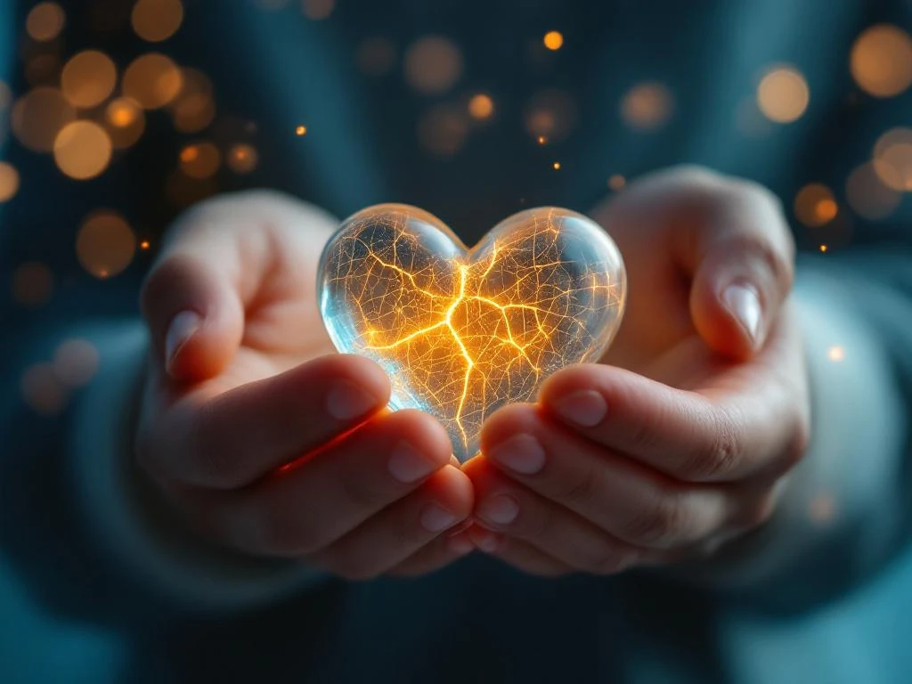 Handen houden gebarsten glazen hart met gouden licht door scheuren, zachte verlichting symboliseert mentale gezondheid herstel