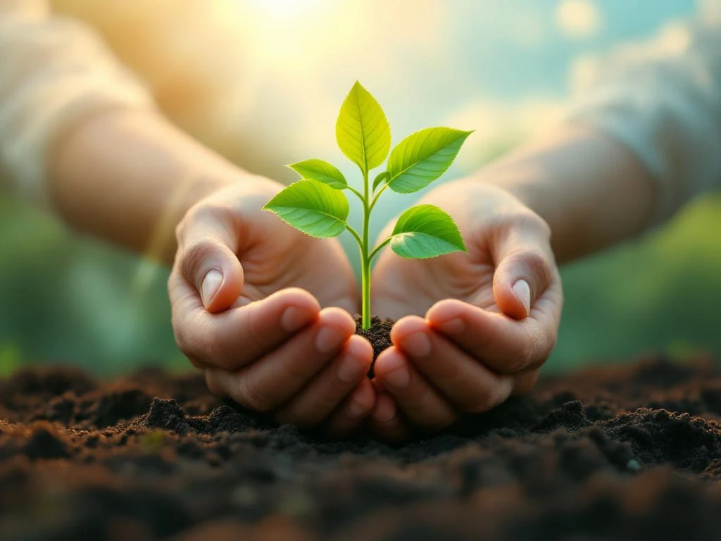Handen beschermen groeiende plant in rijke aarde met zachte ochtendzon, symboliseert mentale gezondheid en welzijn