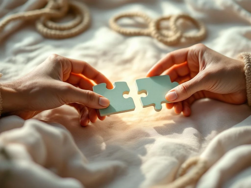 Handen die puzzelstukjes voorzichtig uit elkaar halen op neutrale ondergrond, symboliseert gezonde grenzen stellen