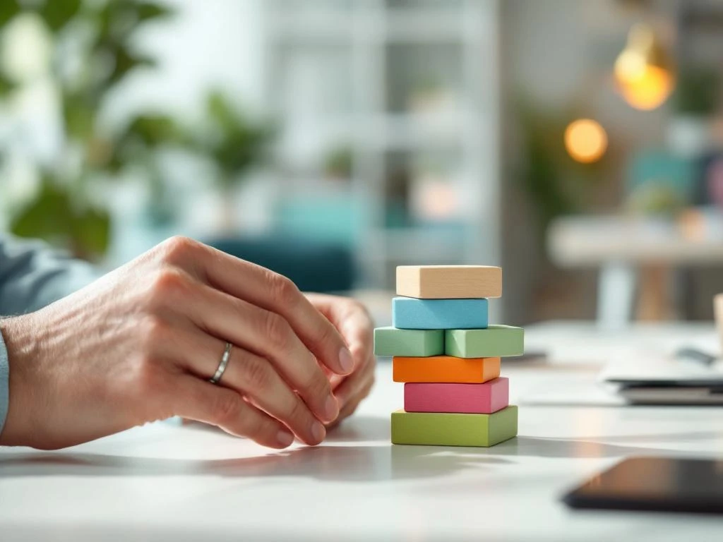Handen stapelen kleurrijke houten blokken op wit bureau in modern kantoor met wellness thema