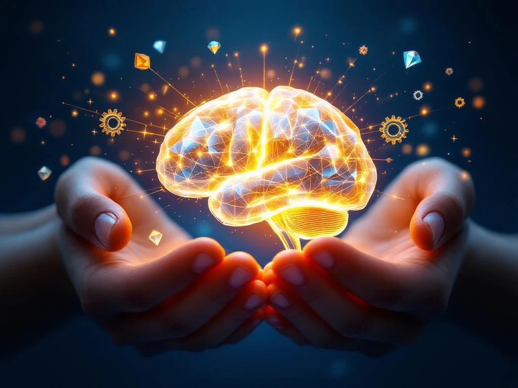 Handen die een gloeiende kristallijne hersenen vasthouden met gouden energiestralen en zwevende geometrische vormen