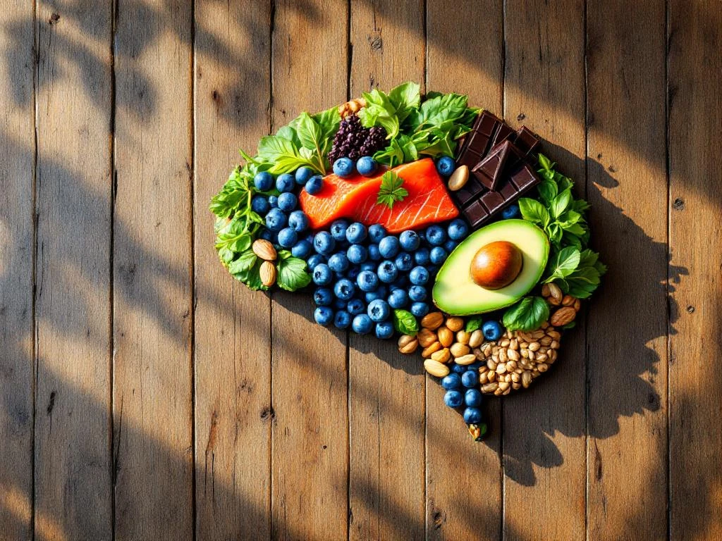 Hersenvormige opstelling van gezonde voeding op houten tafel: bosbessen, zalm, avocado's, noten en donkere chocolade