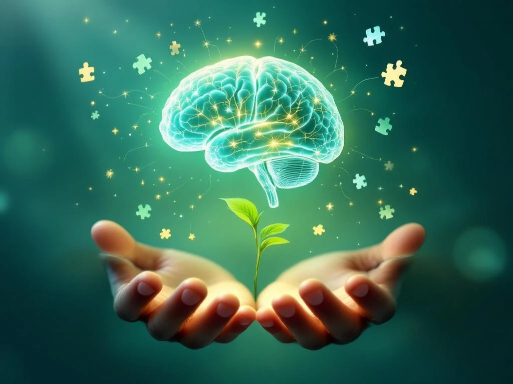 Gloeiend hersenprofiel boven meditatieve handen met gouden neurale verbindingen, plant en puzzelstukjes op groene achtergrond