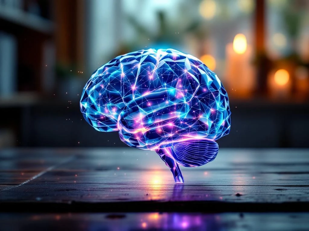 Kristallen hersenen met blauwe en paarse energie op houten meditatietafel in warme, gouden verlichting
