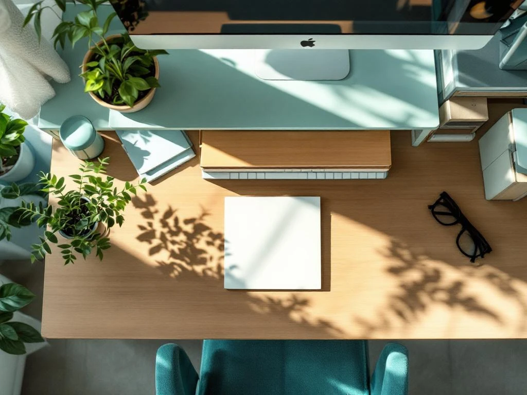 Georganiseerd kantoorbureau van bovenaf met stapel boeken als grens, plant en warme houten texturen in natuurlijk licht