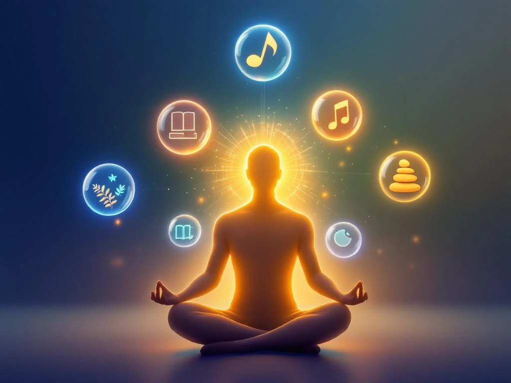 Meditatieve figuur omringd door zes lichtgevende bollen met symbolen voor natuur, sport, lezen, muziek en wellness