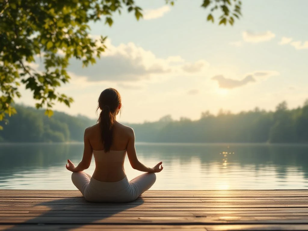 Persoon mediteert op houten steiger bij kalm meer tijdens gouden uur, omringd door groene bomen en zachte wolken