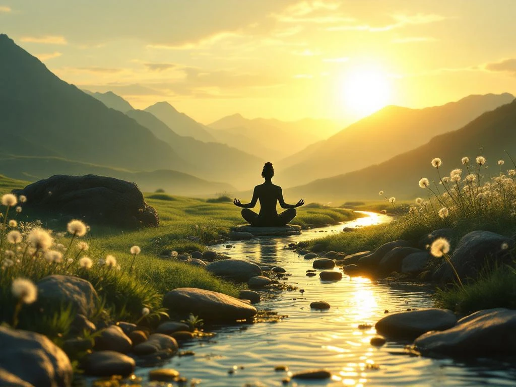 Persoon mediteert in silhouet bij gouden zonsondergang met rivier, stenen en bergpad voor innerlijke rust