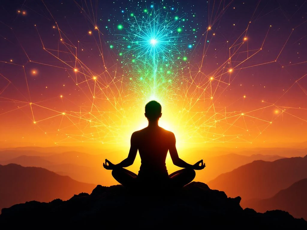 Persoon mediteert in silhouet op bergtop bij zonsopgang met gouden licht en groene energiedeeltjes in paars-oranje lucht