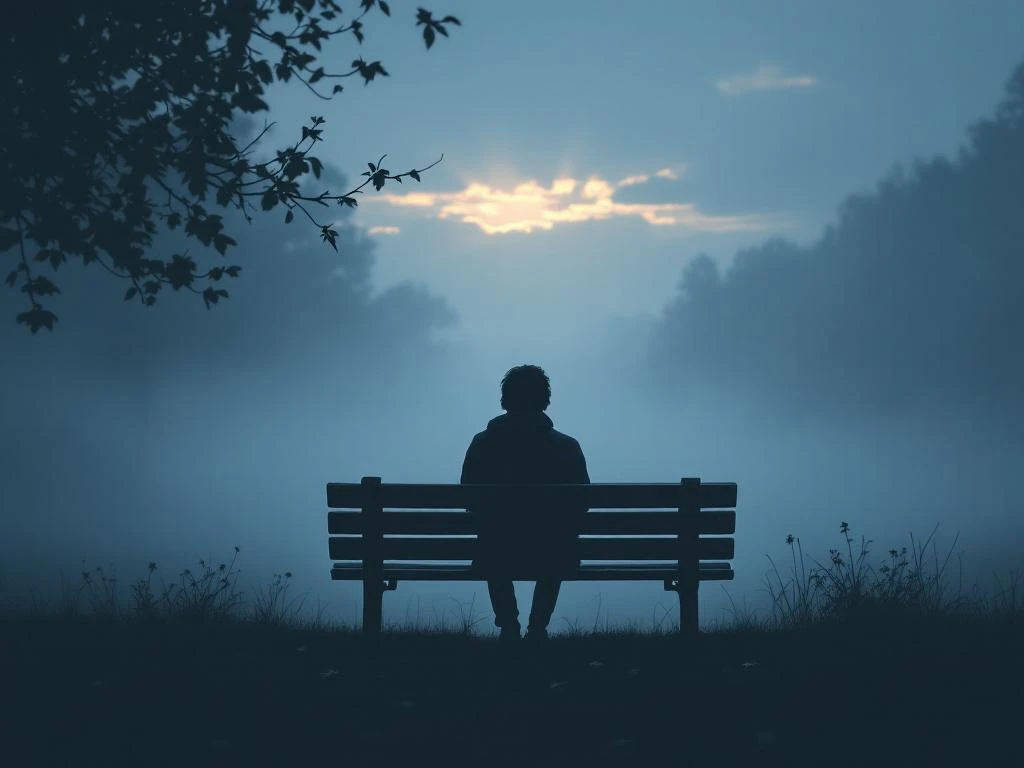 Persoon zit alleen op parkbank in ochtendmist, omringd door gevallen bladeren in rustige blauwe en grijze tinten