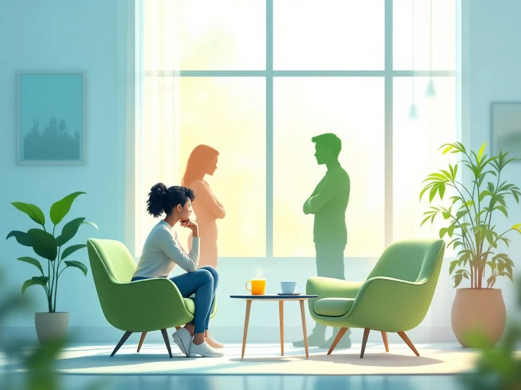 Rustige coachingskamer met twee stoelen en tafel, silhouet transformeert van gestrest naar zelfverzekerd, natuurlijk licht