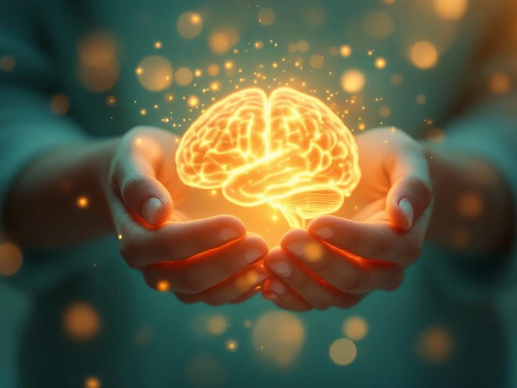 Handen die een gloeiende hersenen vasthouden met gouden lichtdeeltjes, symboliseert mentale helderheid en genezing