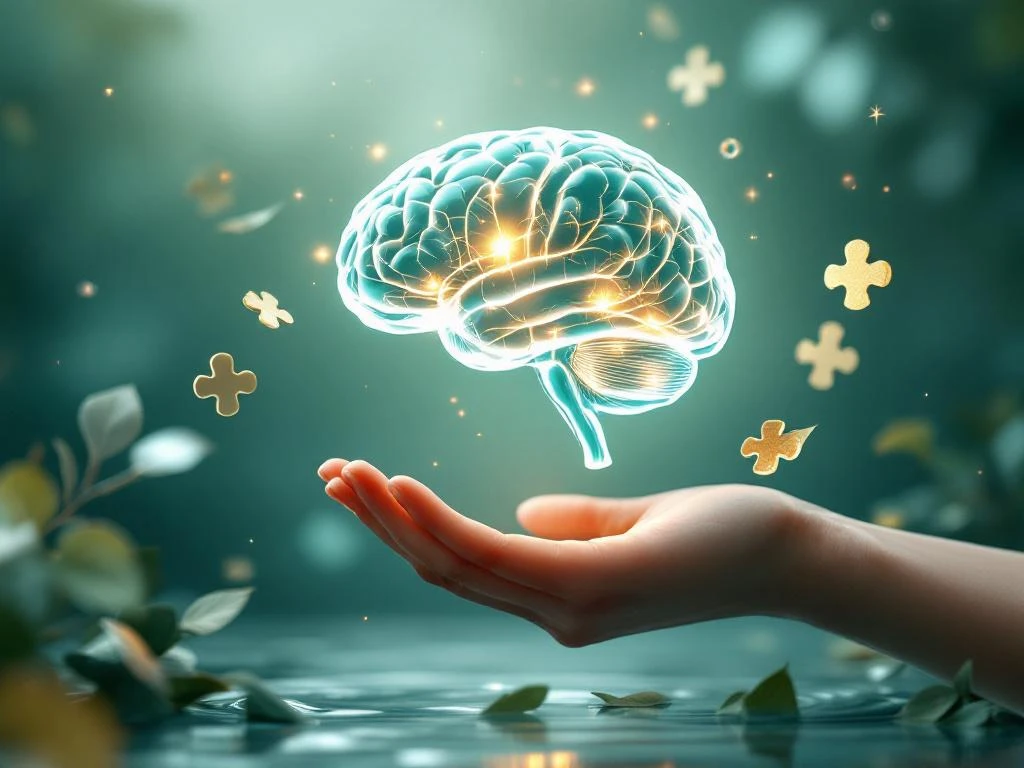 Glazen hersenen silhouet boven open hand met gouden licht, omringd door zwevende puzzelstukjes en natuurelementen