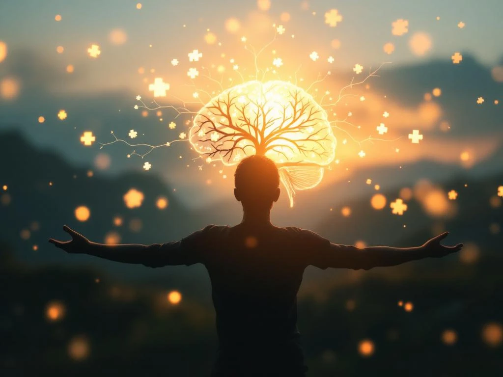 Menselijk silhouet met gloeiende hersenen overlay tegen zonsopgang achtergrond, symboliseert mentale helderheid en wellness