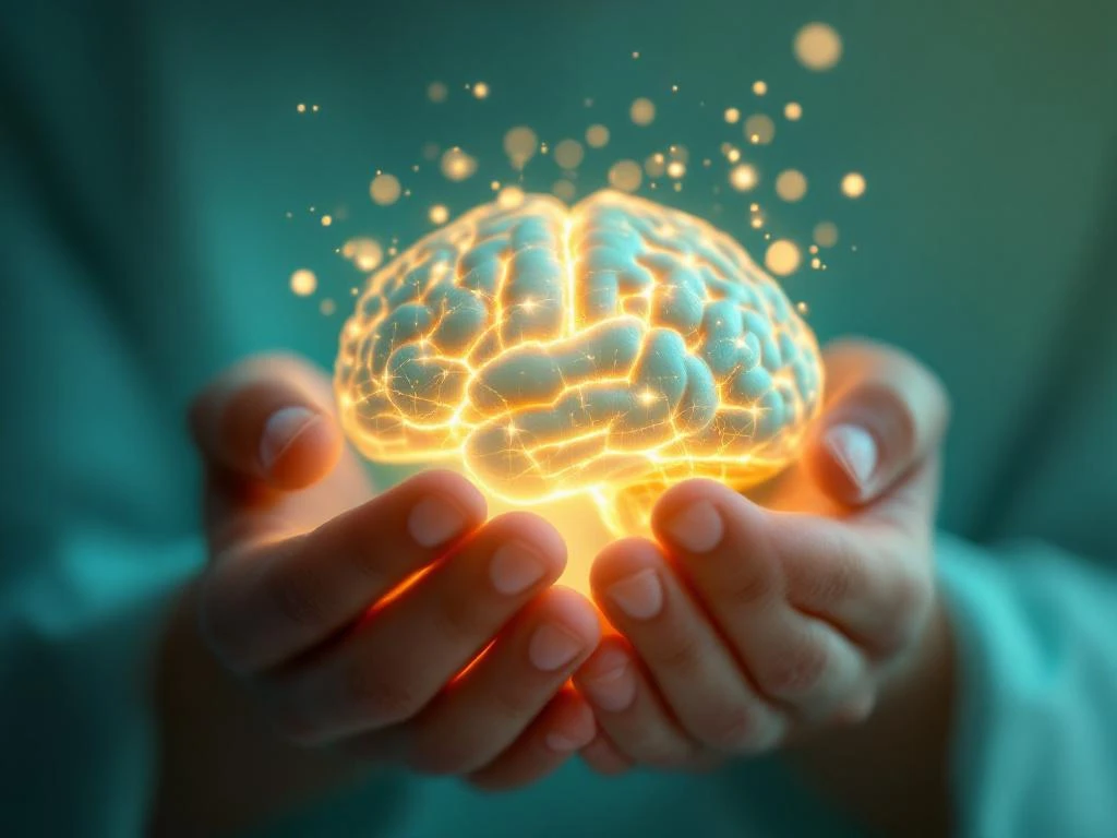 Handen beschermen gloeiende hersenen van lichtdeeltjes tegen groene achtergrond, symboliseert mentale gezondheid en zorg