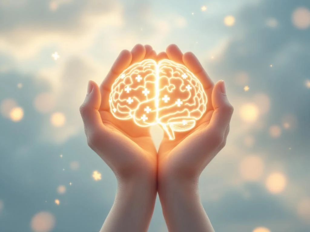 Handen houden gloeiend brein van licht vast, puzzelstukjes verbinden zich, overgang van donkere wolken naar zonneschijn