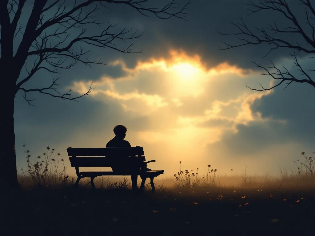 Persoon zit alleen op parkbank bij schemering met verwelkende bloemen, kale takken en gouden lichtstraal door stormwolken