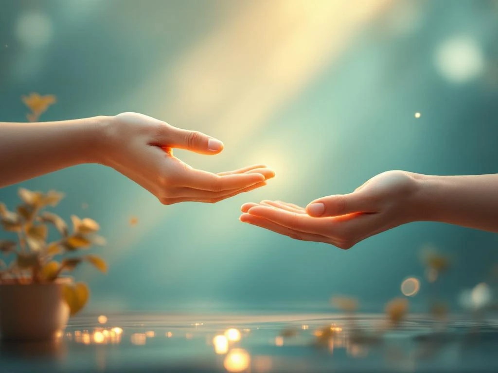 Twee handen reiken naar elkaar in ondersteunend gebaar tegen zachte blauwe achtergrond met plant, symboliseert mentale zorg