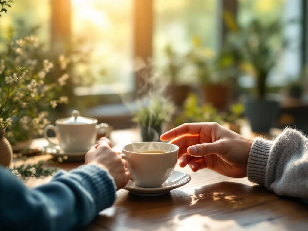 Twee handen reiken naar elkaar over houten tafel met theekop, symboliseert mentale gezondheidsondersteuning en compassie