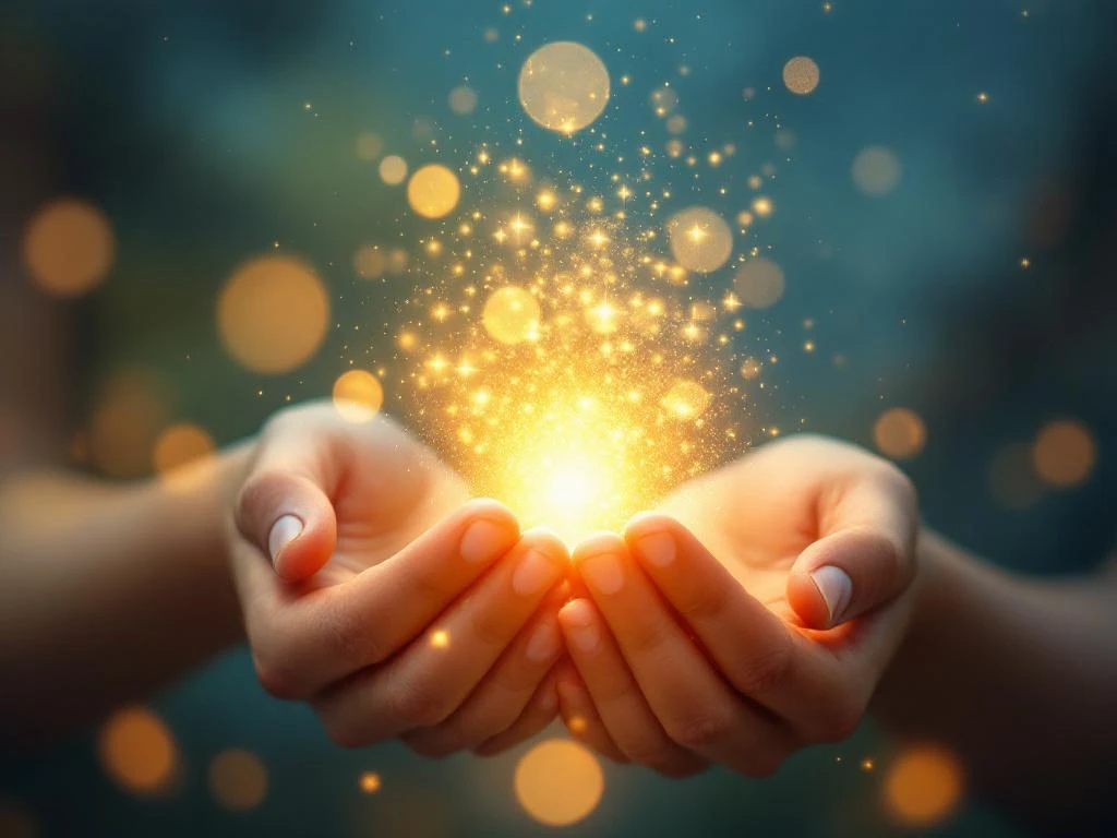 Handen die donkere gedachtebubbels loslaten die transformeren tot gouden lichtdeeltjes tegen zonsopgang achtergrond