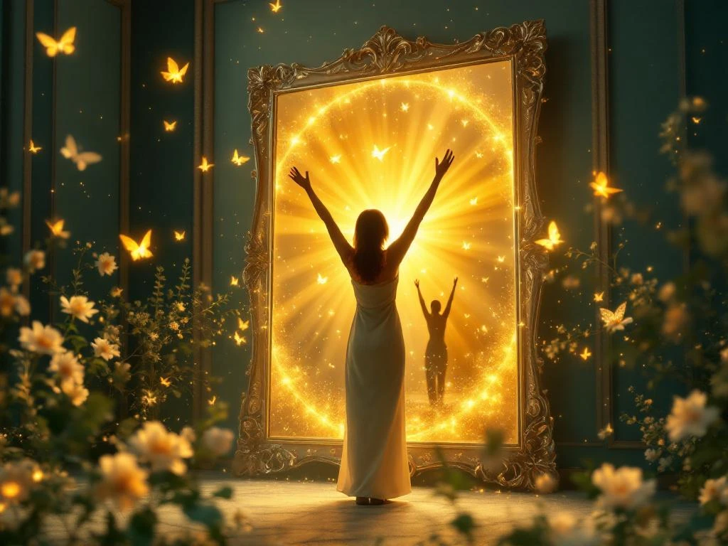 Persoon voor spiegel met zelfverzekerde reflectie, omringd door vlinders en bloemen in gouden licht
