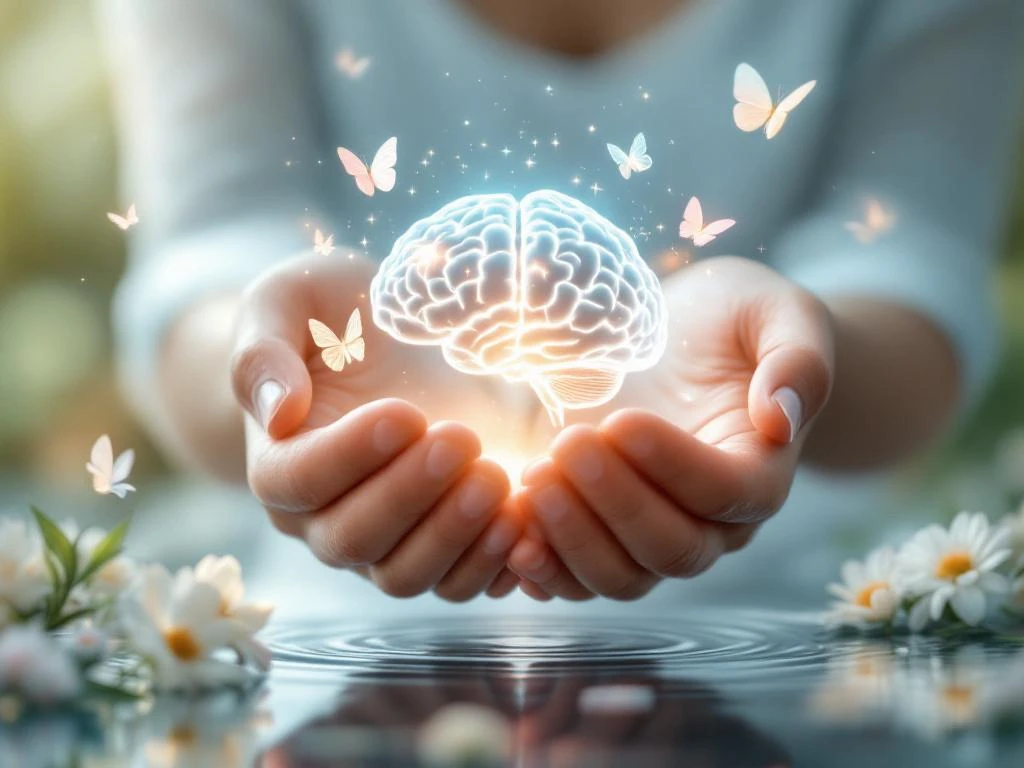 Handen koesteren een gloeiende hersenen omringd door vlinders, bloemen en waterrimpels voor mentale gezondheid