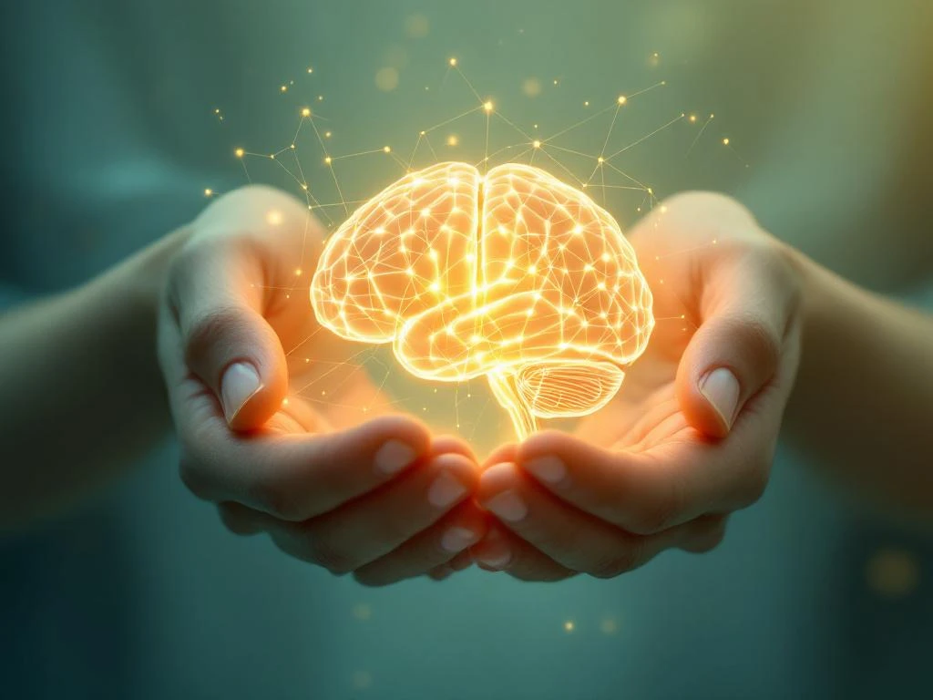 Handen die een gloeiende hersenen van licht vasthouden met gouden neurale verbindingen, geestelijke gezondheid concept