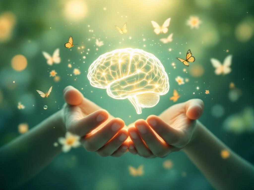 Handen houden gloeiende hersenen van licht vast, omringd door vlinders en bloemen voor mentale zelfzorg en welzijn