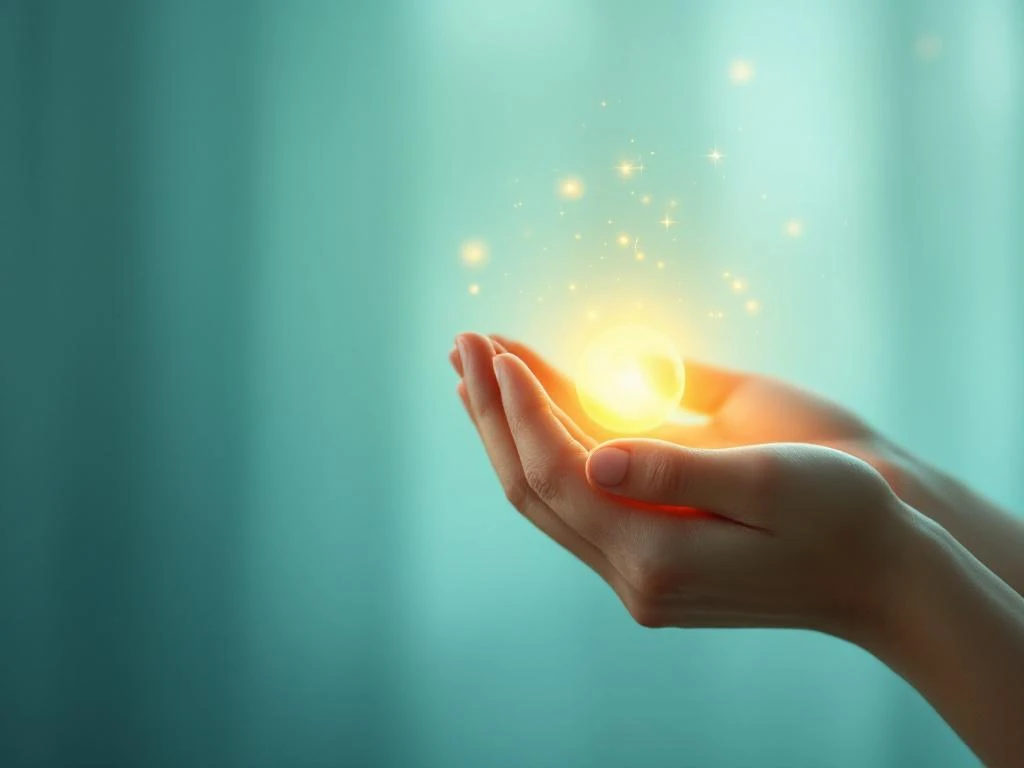 Handen houden gloeiende gouden lichtbol vast tegen kalme blauwe achtergrond, symboliseert healing en mentale wellness