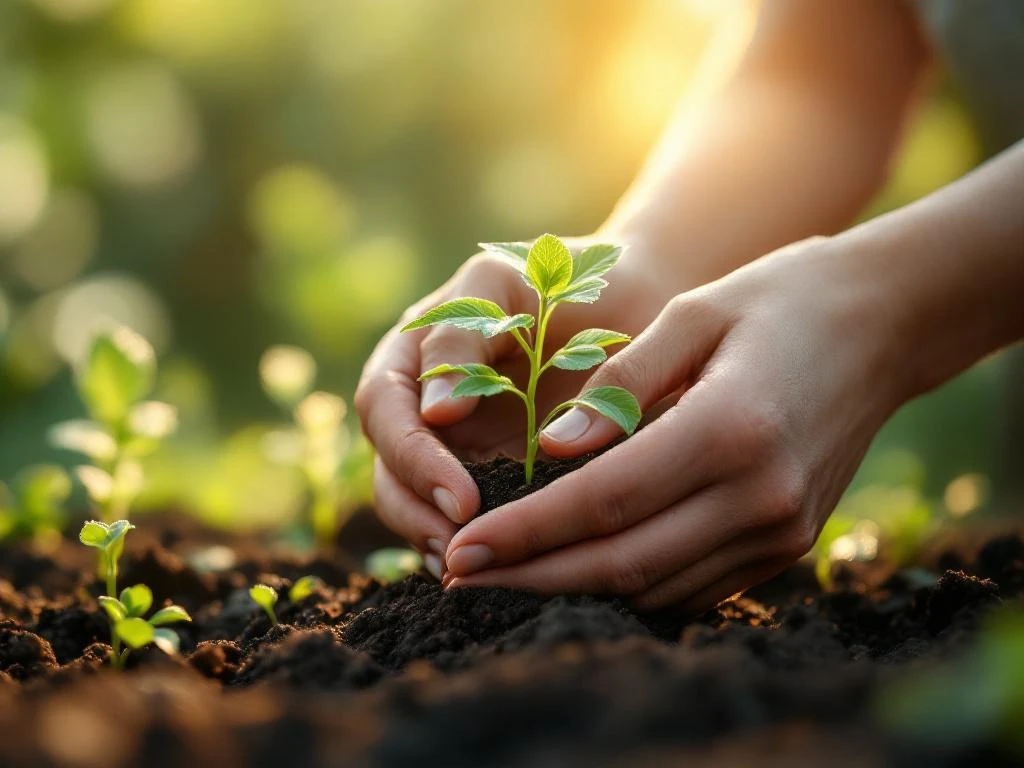 Handen planten voorzichtig een groene zaailing in donkere aarde met gouden zonlicht en dauw op bladeren
