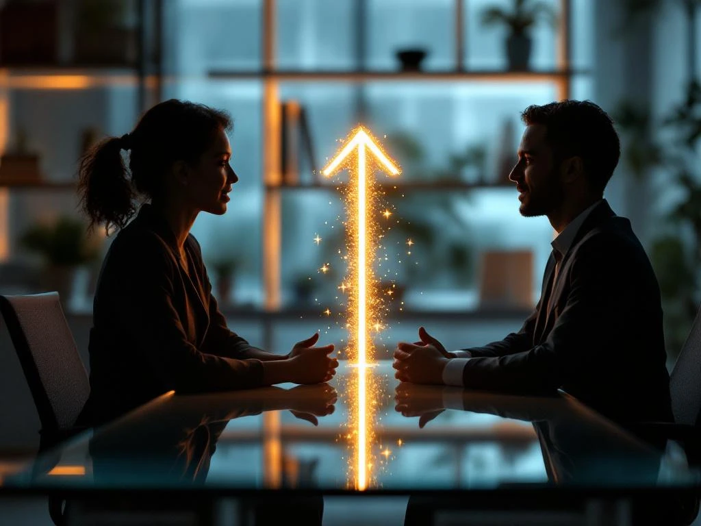 Twee silhouetten in professioneel coachingsgesprek aan glazen bureau met warme verlichting en kantooromgeving