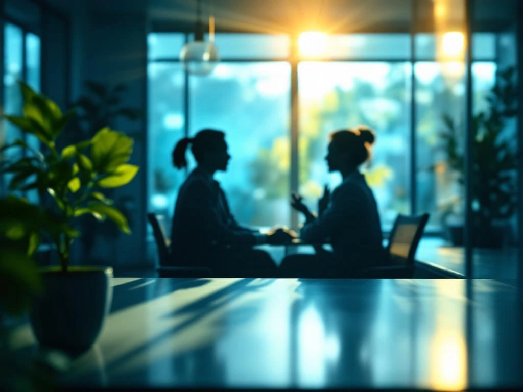 Twee silhouetten in gesprek aan moderne bureau in professionele kantooromgeving met warme verlichting en plant