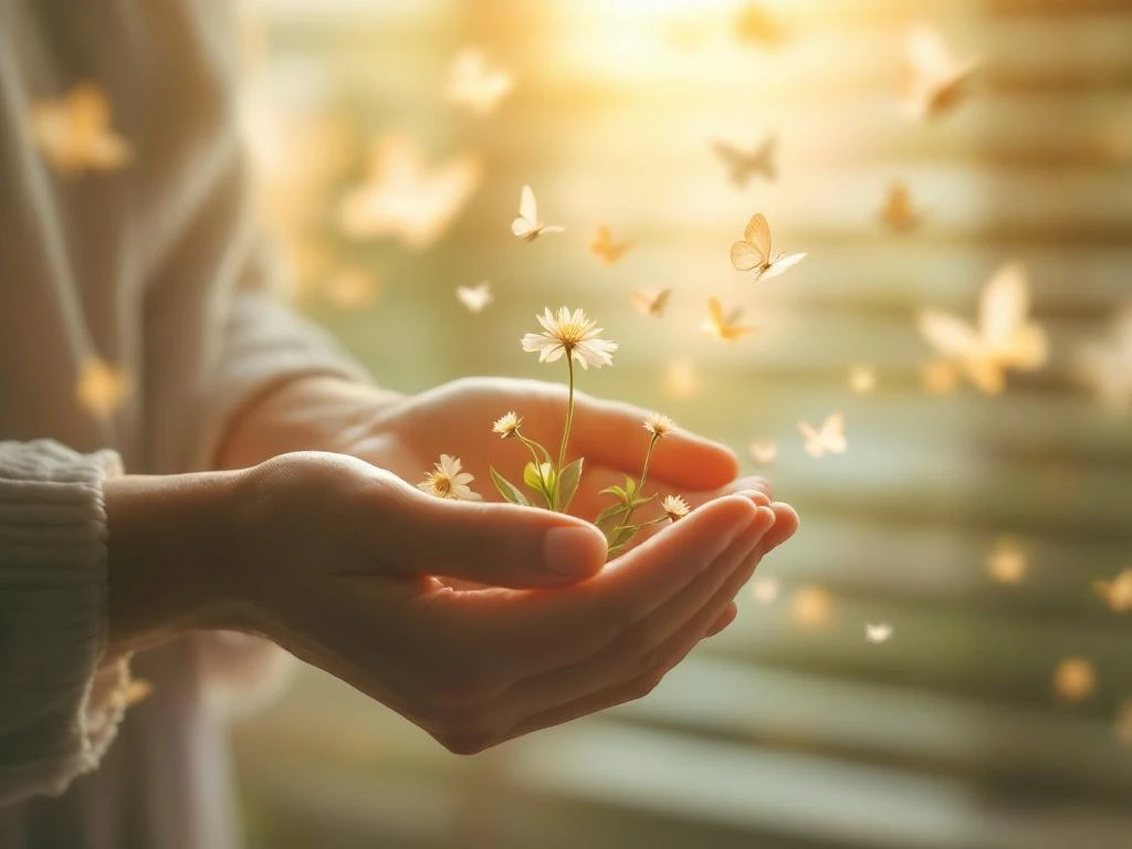Zachte handen houden verwelkende bloem vast die transformeert in vlinders, symboliseert rouw en genezing in warme aardtinten