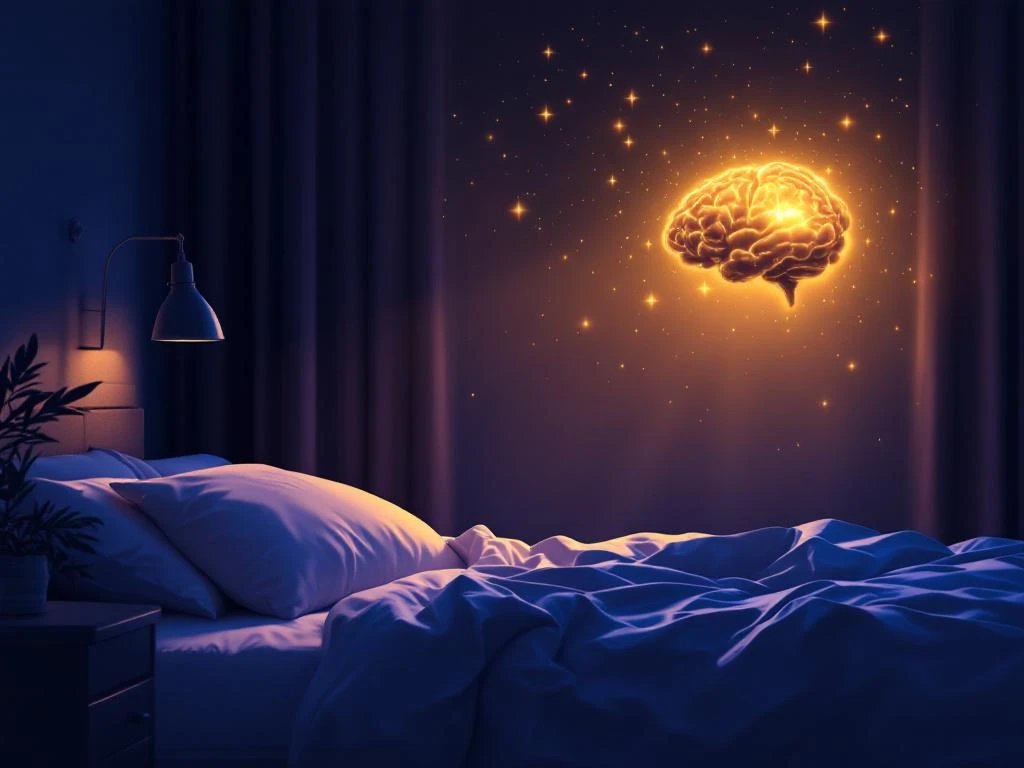 Serene slaapkamer met zachte verlichting, opgemaakt bed en drijvende lichtstralen die mentaal herstel symboliseren