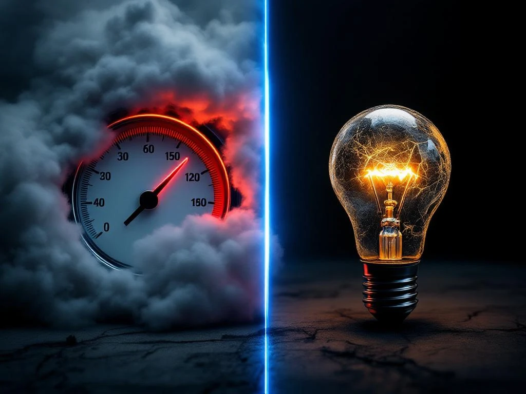 Drukmeters en doorgebrande gloeilamp gescheiden door blauw licht, stress versus burnout vergelijking in gezondheidszorg