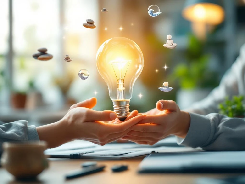 Professionele werkplek met handen die gloeilamp vasthouden, omringd door stressverlichting symbolen en kalme kantooromgeving