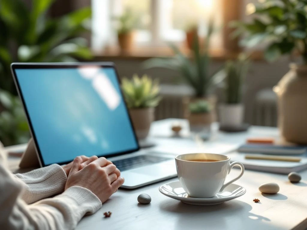 Rustige kantooromgeving met laptop, thee, vetplant en wellness items voor stressvermindering en mentale gezondheid