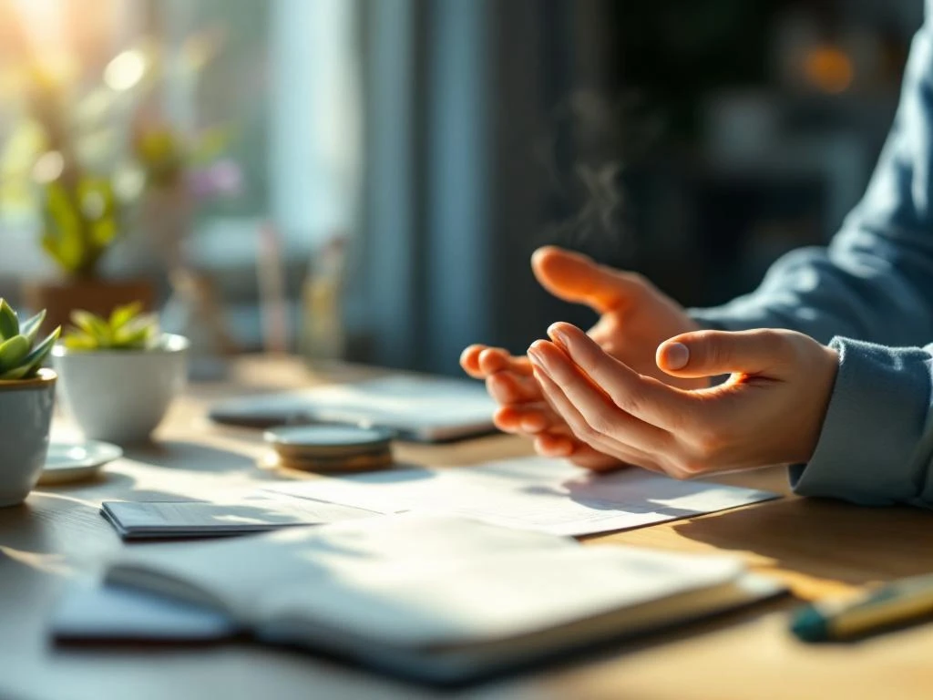 Persoon met handen op houten bureau naast thee en plant in rustige kantooromgeving voor stress verlichting