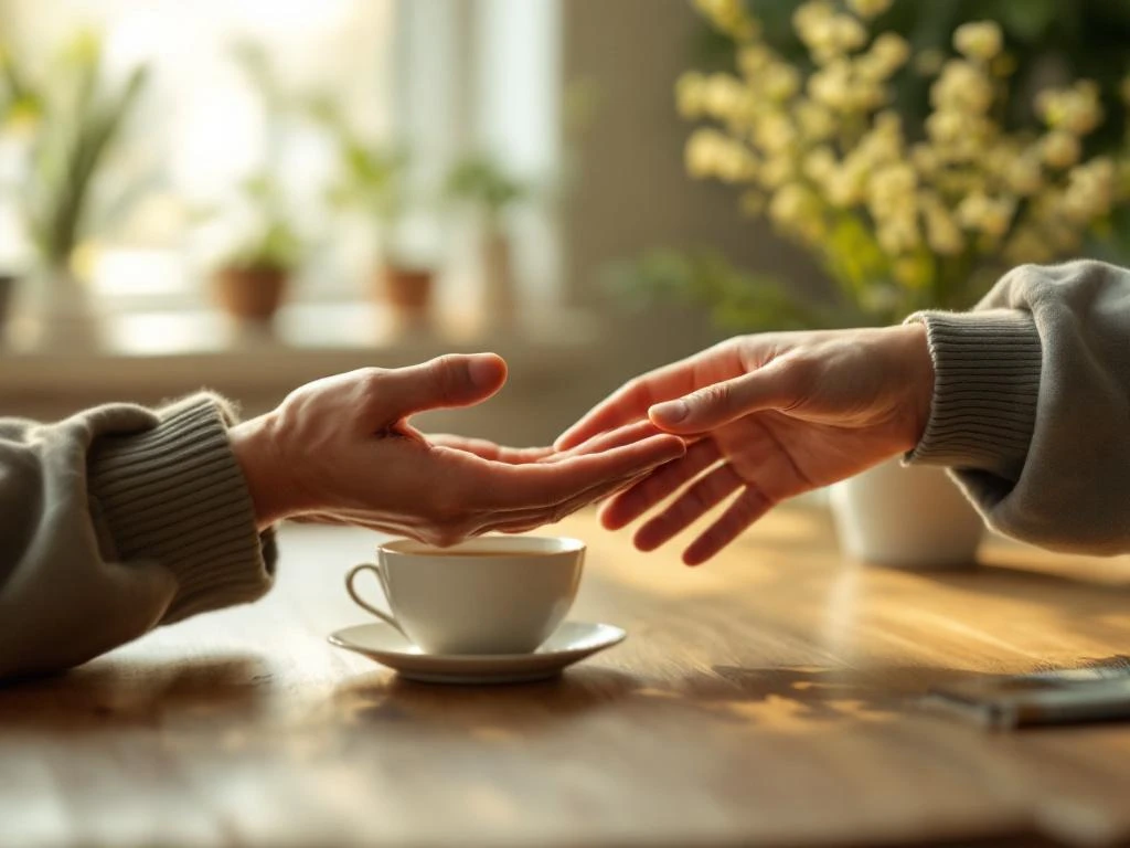 Twee handen reiken naar elkaar over houten tafel, ondersteunend gebaar in warme therapeutische setting met thee en planten