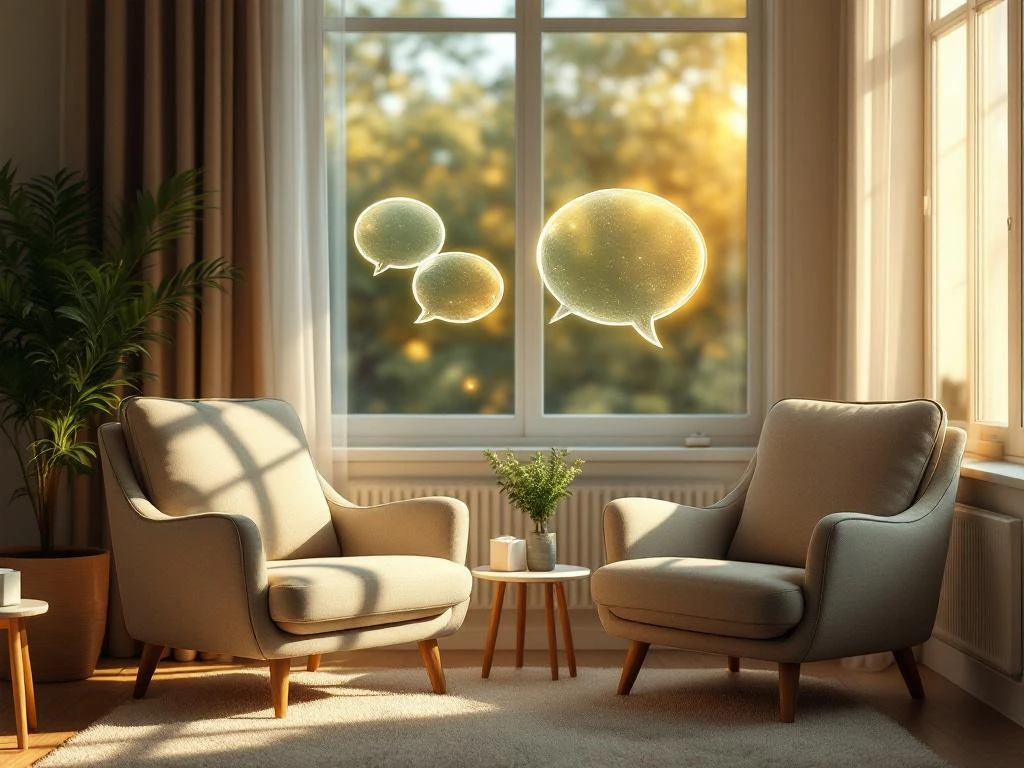 Therapiekamer met twee stoelen tegenover elkaar, zachte verlichting en lichtbellen die communicatie symboliseren