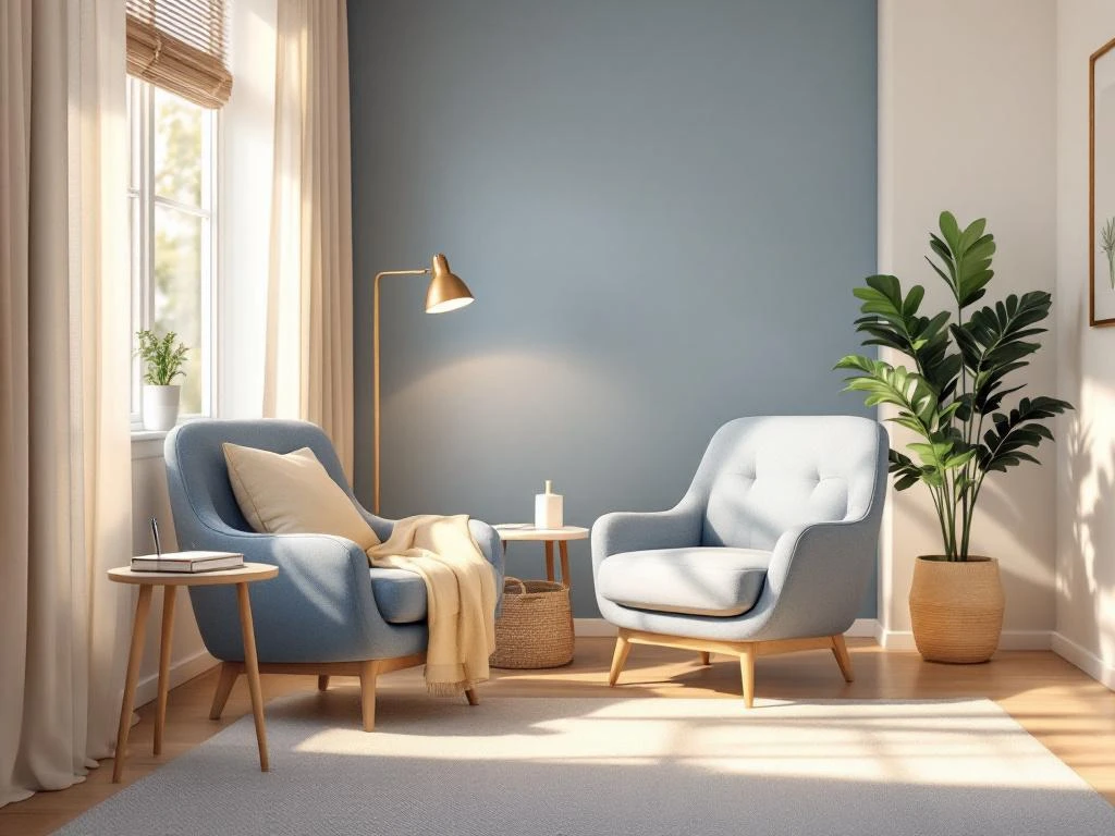 Lege therapiestoel en bank in rustige behandelkamer met natuurlijk licht, plant en notitieboek op bijzettafel