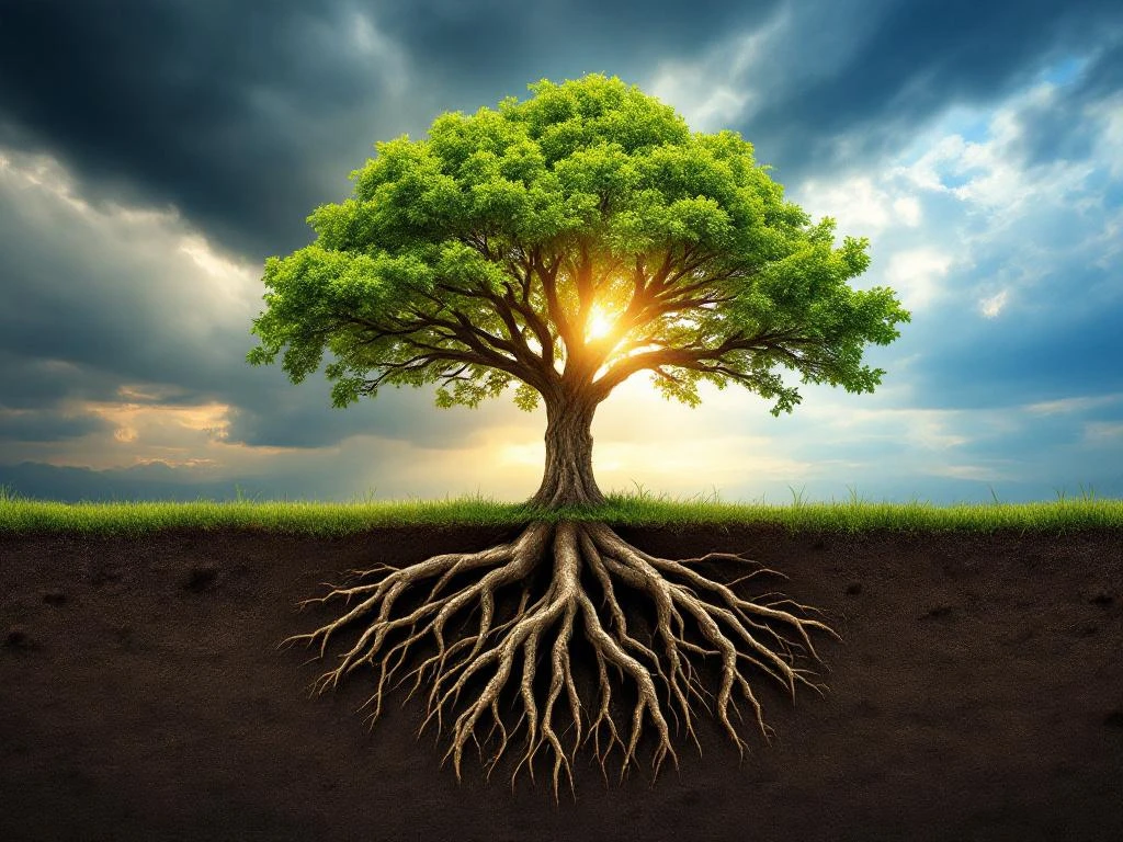Sterke boom met zichtbare wortels staat veerkrachtig tegen stormachtige lucht met doorkomend zonlicht en groene bladeren