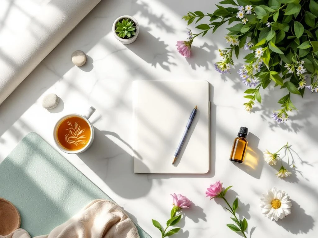 Zeven wellness items in cirkel gerangschikt op wit marmer: thee, dagboek, plant, stenen, olie, yogamat en bloemen