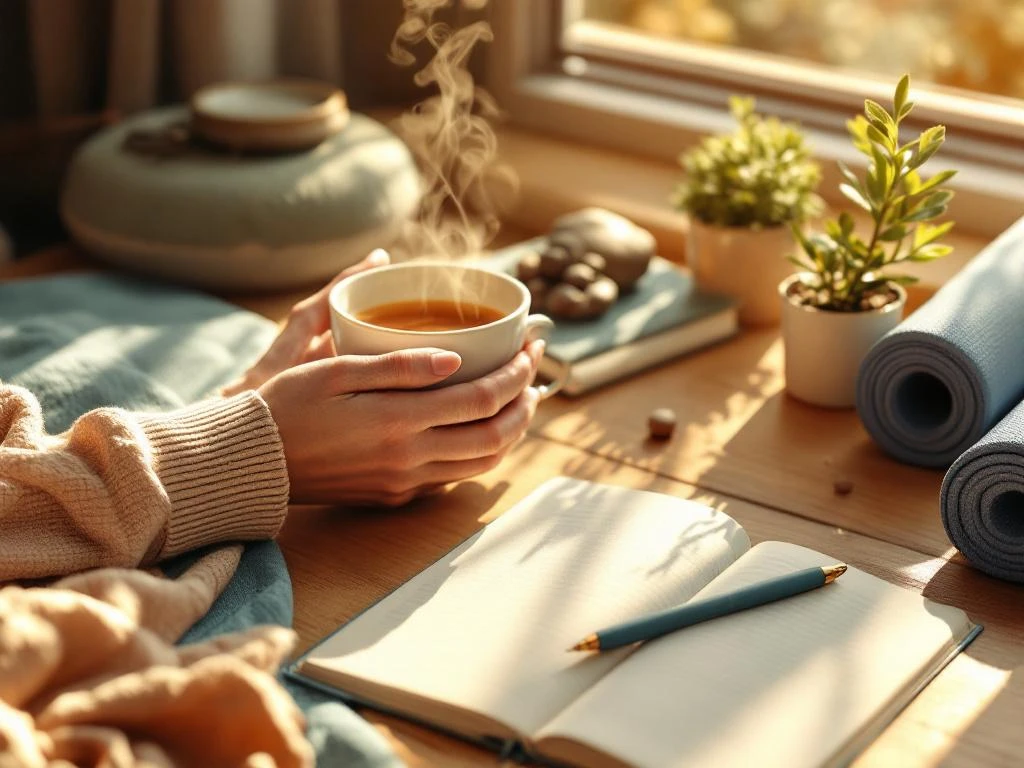 Handen houden dampende theekop omringd door meditatie kussen, dagboek, plant en yogamat in ochtendlicht voor wellness